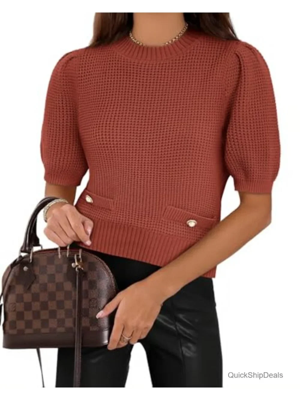Puff Short Sleeve Cropped Ribbed Knit Lightweight Pullover Crewneck Sweater